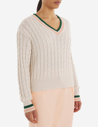 Long-sleeved v-neck jumper with crest - Ecru