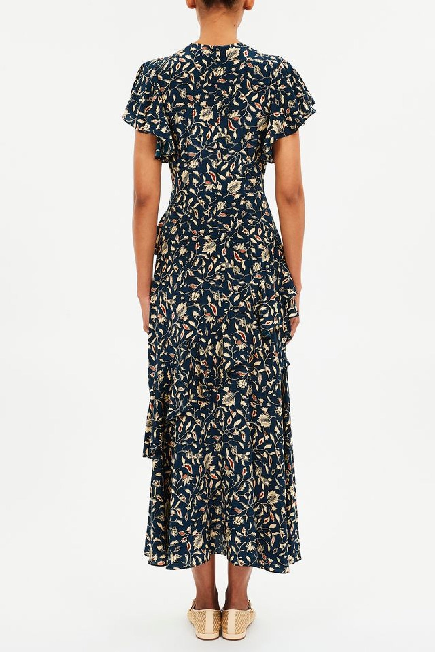 Robe midi Amaia à volants en cascade en soie - Midnight Garden
