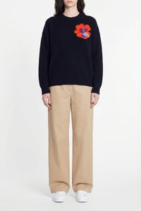 Pull à motif fleur en jacquard de laine - Marine