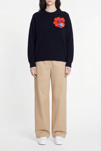 Pull à motif fleur en jacquard de laine - Marine