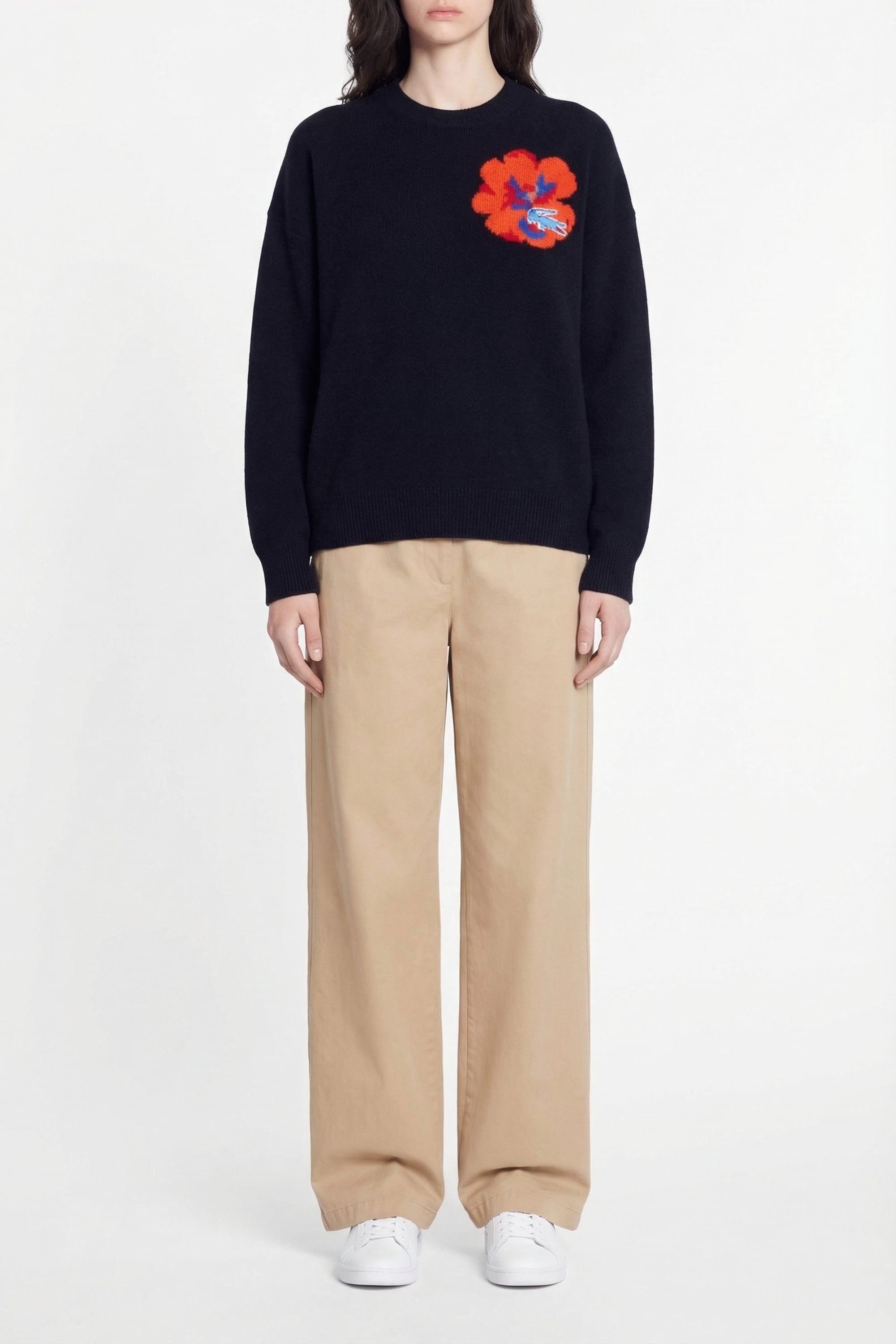 Pull à motif fleur en jacquard de laine - Marine