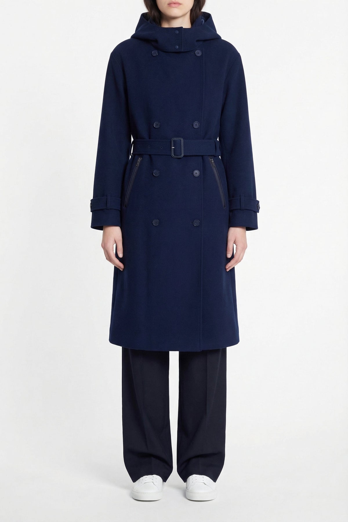 Manteau long à capuche en piqué - Marine
