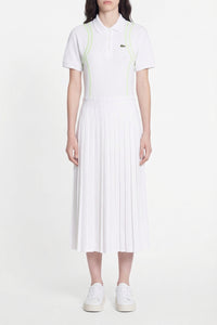 Pleated polo dress with piqué slits - White