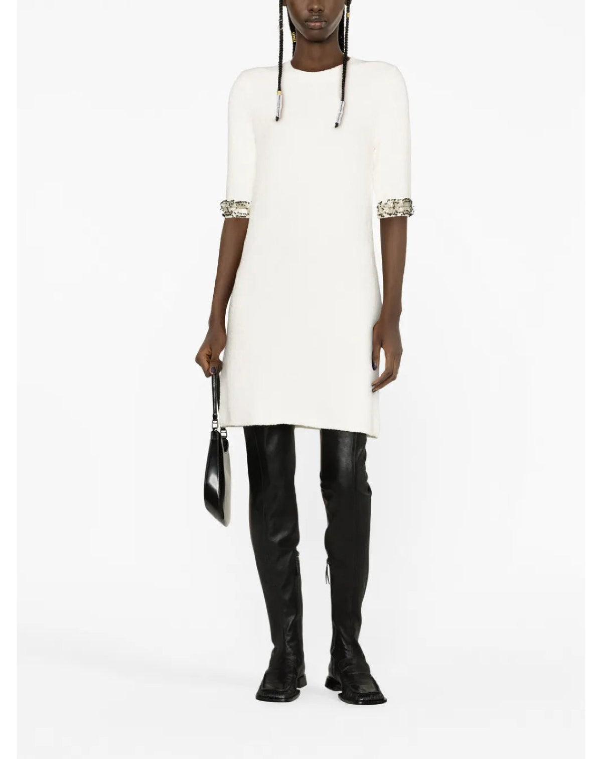 Robe courte brodée manches courtes en lin - Lait
