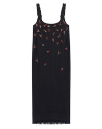 Robe midi brodée bretelles en tissu - Noir
