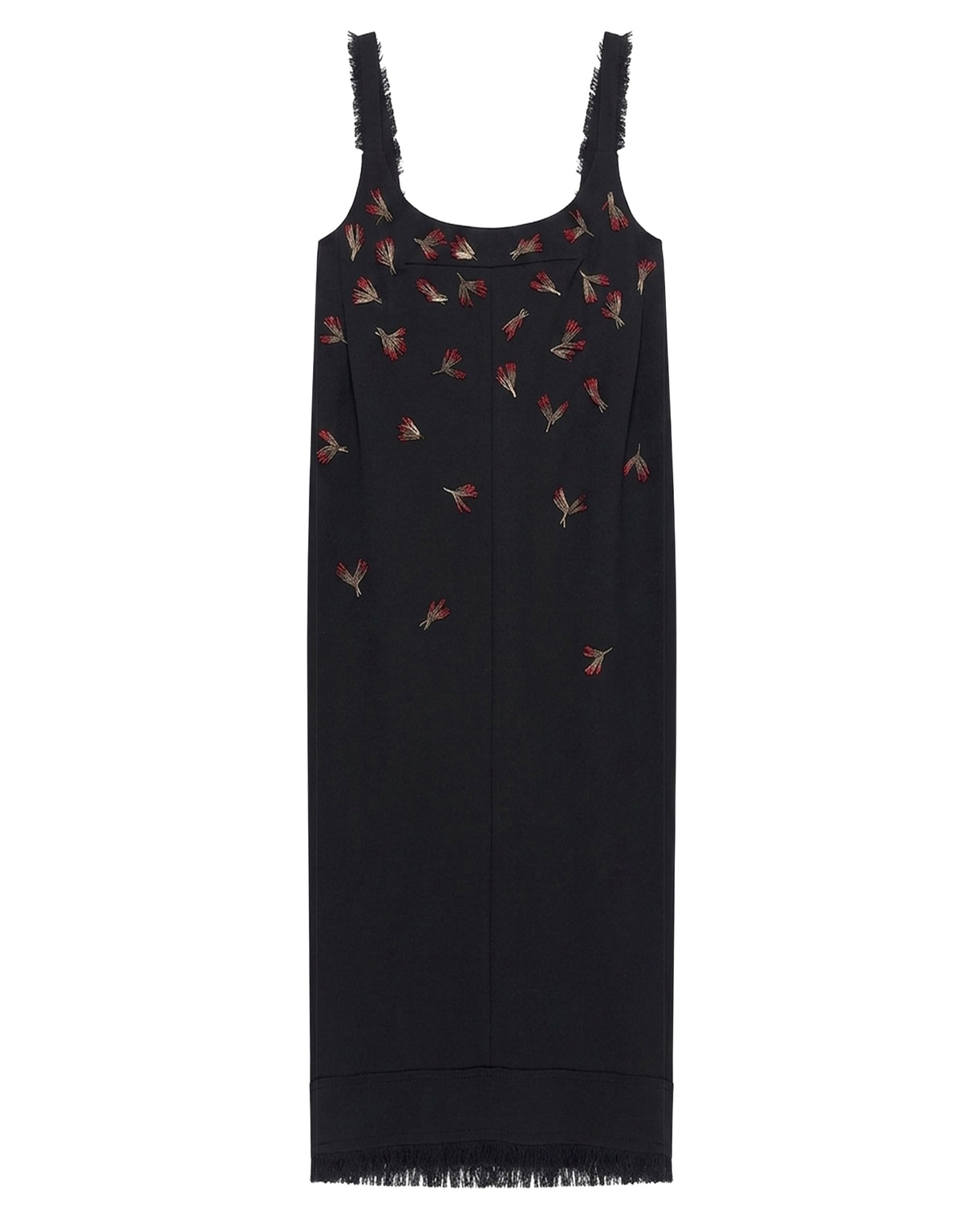 Robe midi brodée bretelles en tissu - Noir