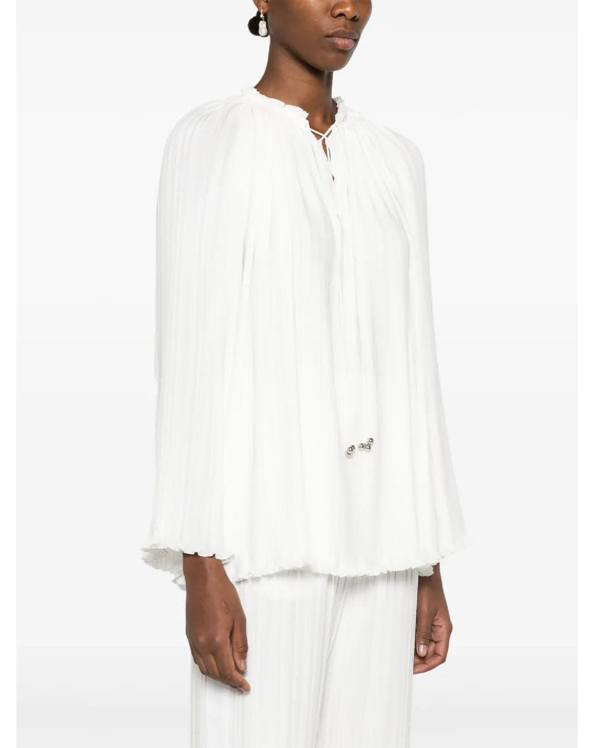 Long sleeve pleated blouse open neck - Blanc casse