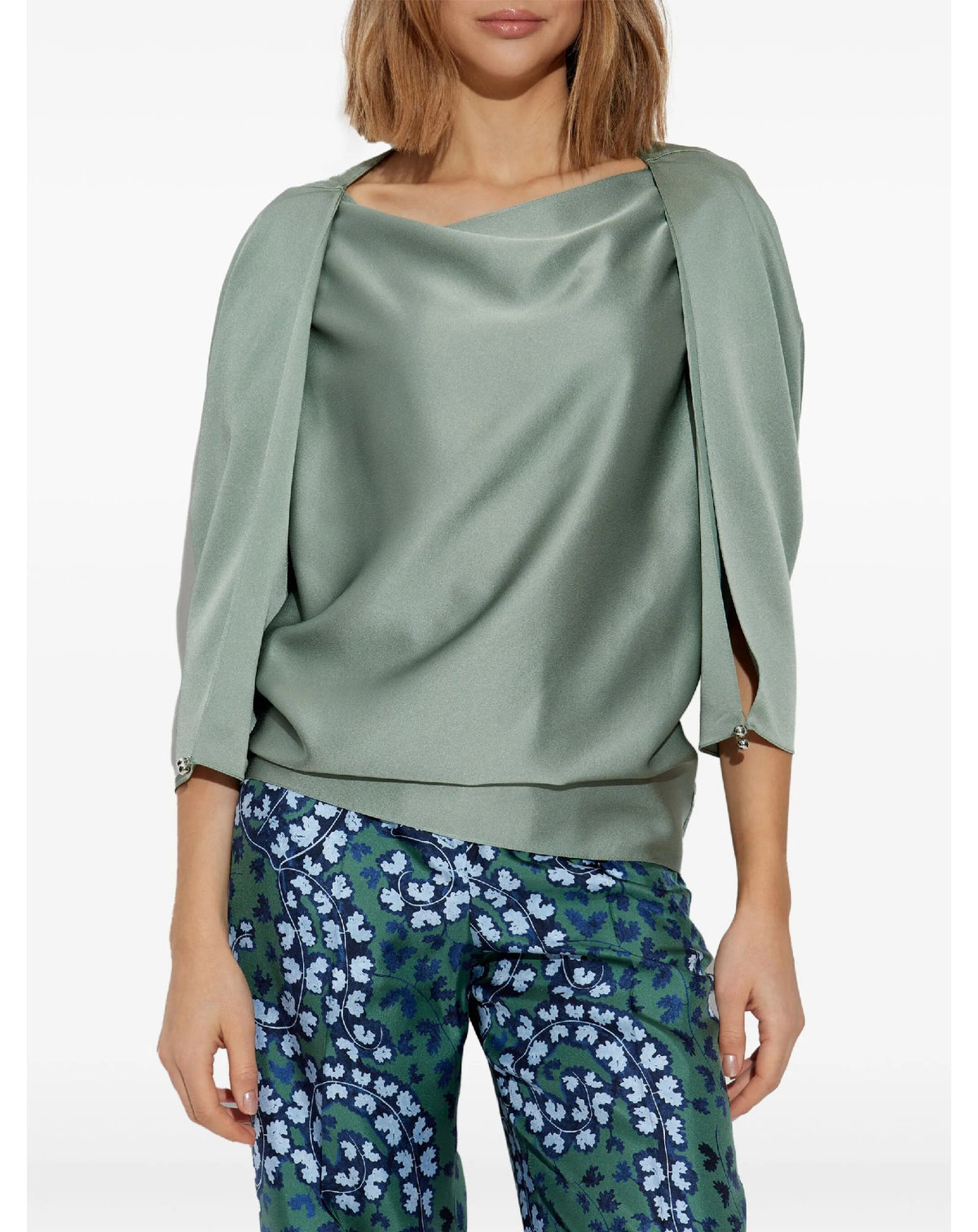 Blouse manches ouvertes en tissu - Vert de Gris