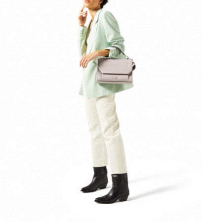 Sac rabat Ninon L en cuir grainé - Gris Mauve