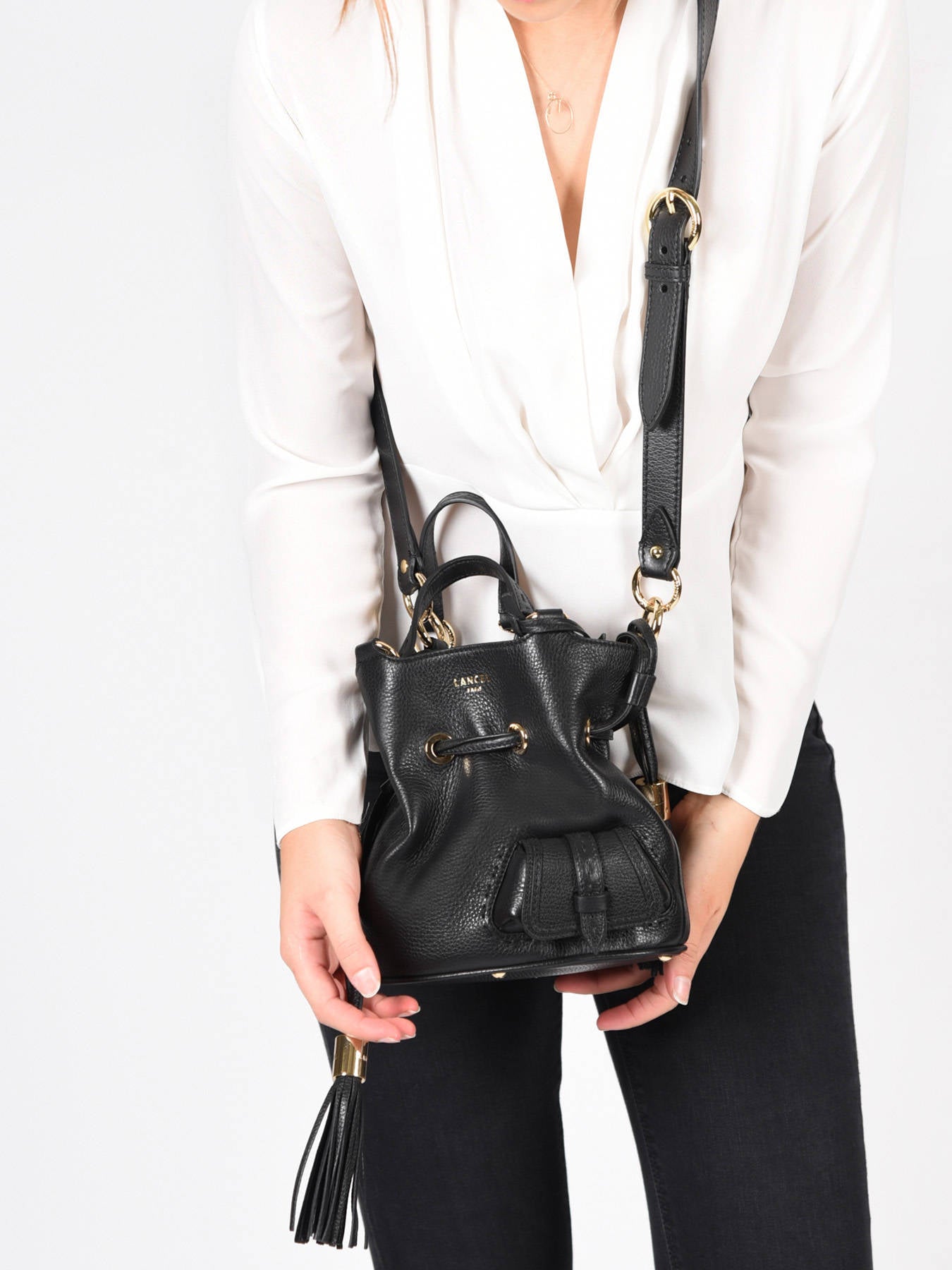 Sac seau Premier Flirt S en cuir grainé - Noir & Nickel