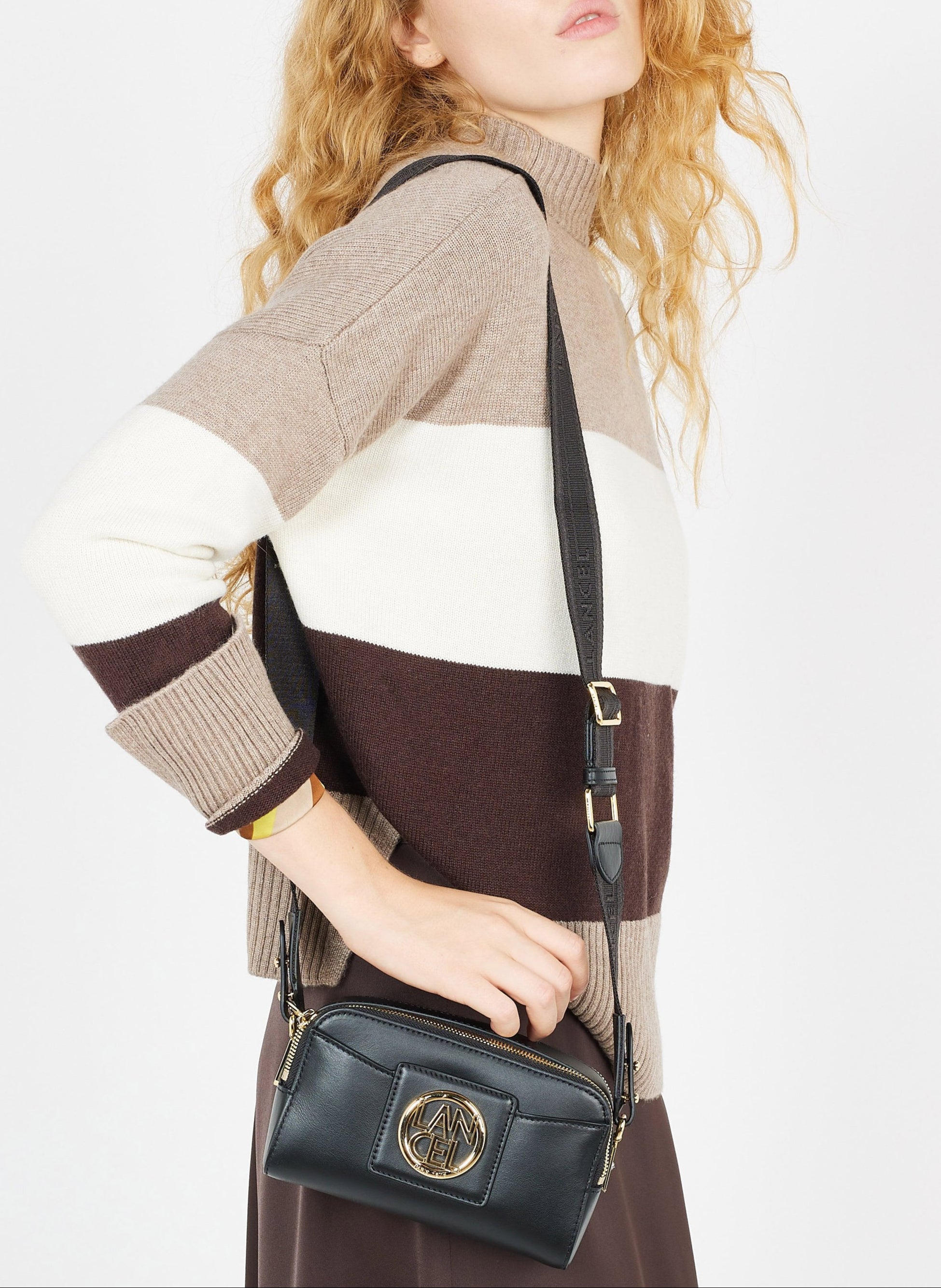 Sac caméra Roxane en cuir lisse - Noir & Doré
