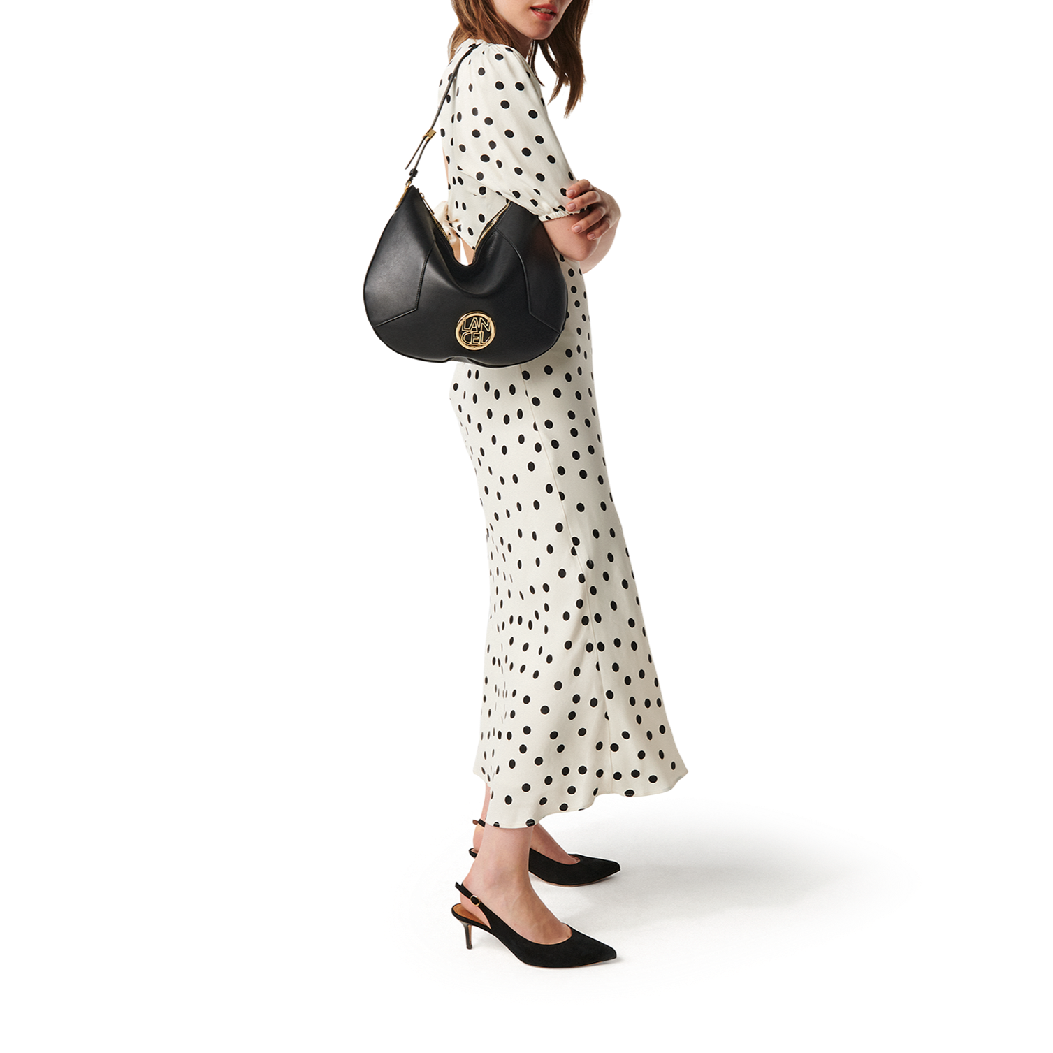 Sac mini hobo zippé Roxane en cuir lisse - Noir & Doré