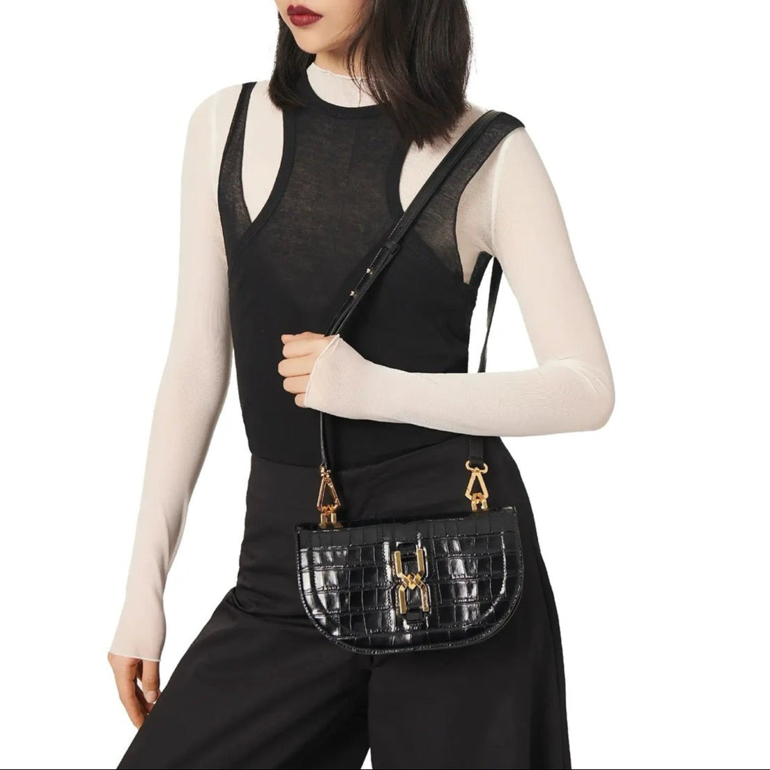 Sac porté croisé Clepsydre M en cuir embossé - Noir