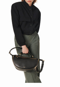 Sac porté croisé zippé Origami M en cuir lisse - Noir