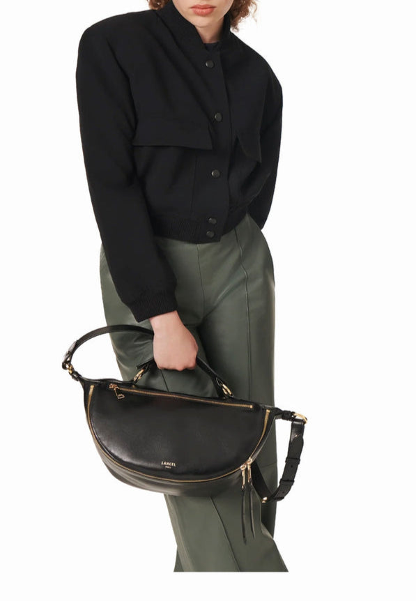 Sac porté croisé zippé Origami M en cuir lisse - Noir