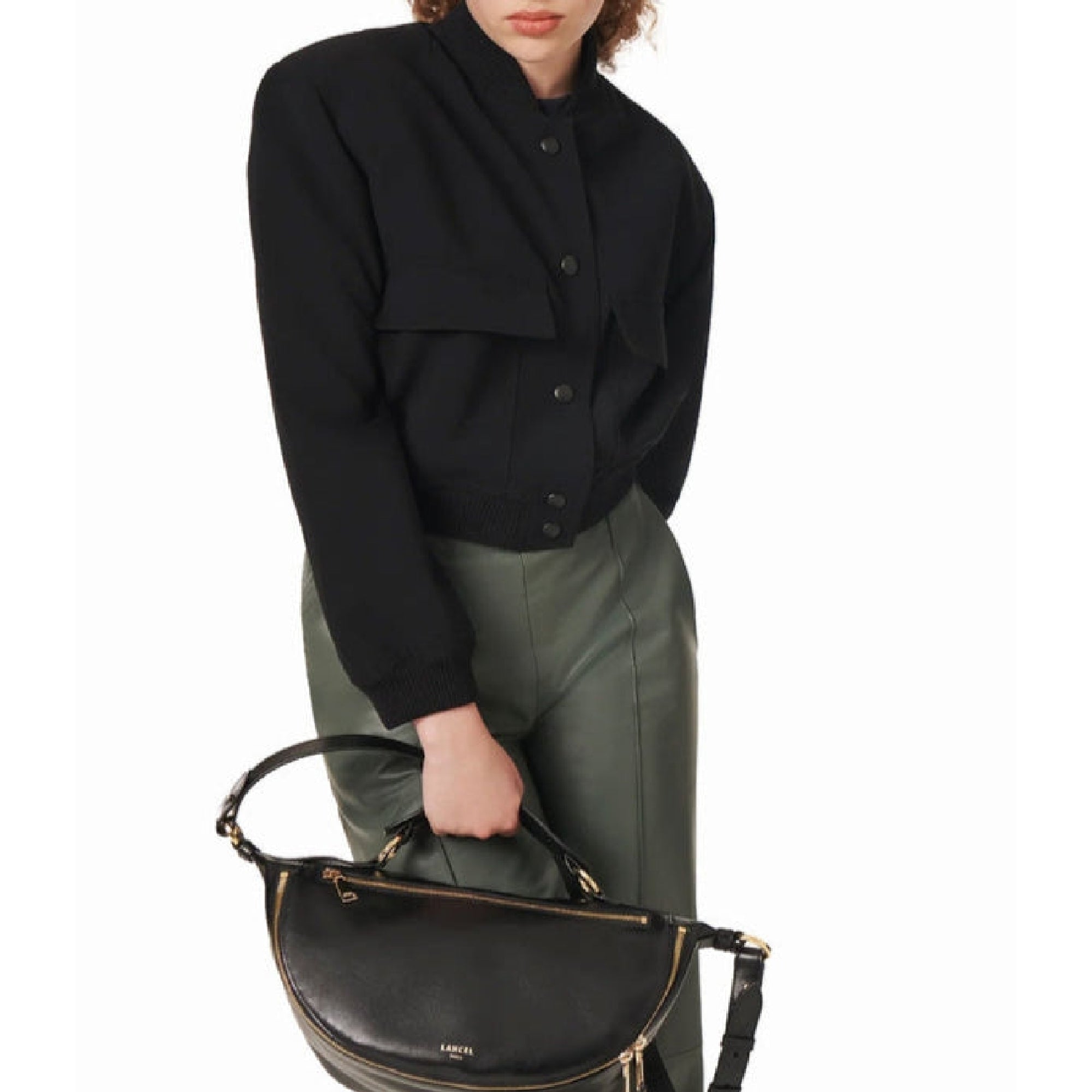 Sac porté croisé zippé M Origami en cuir lisse - Noir