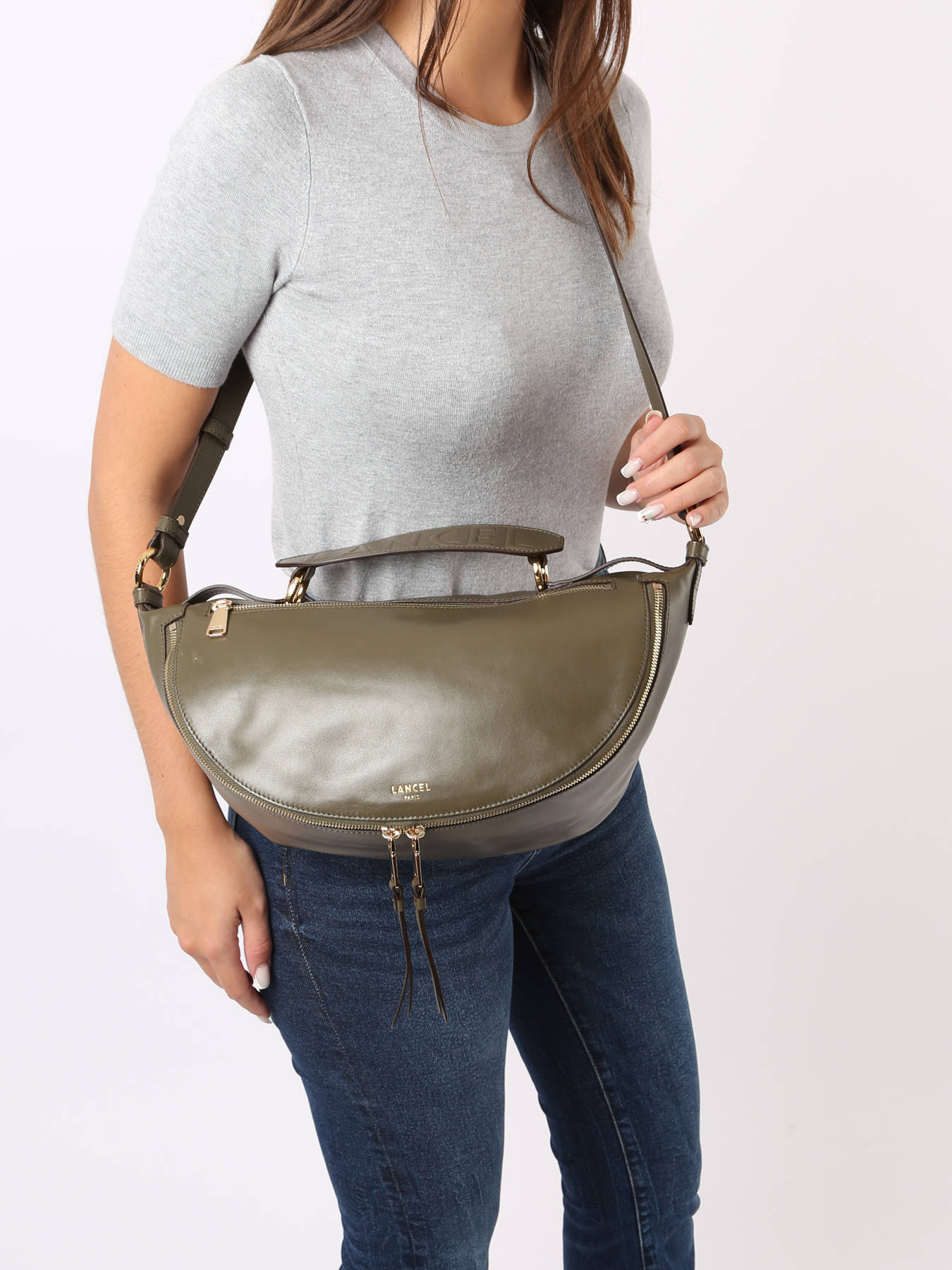 Sac porté croisé zippé Origami M en cuir lisse - Kaki foncéoncé