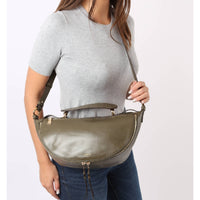 Sac porté croisé zippé M Origami en cuir lisse - Kaki foncé