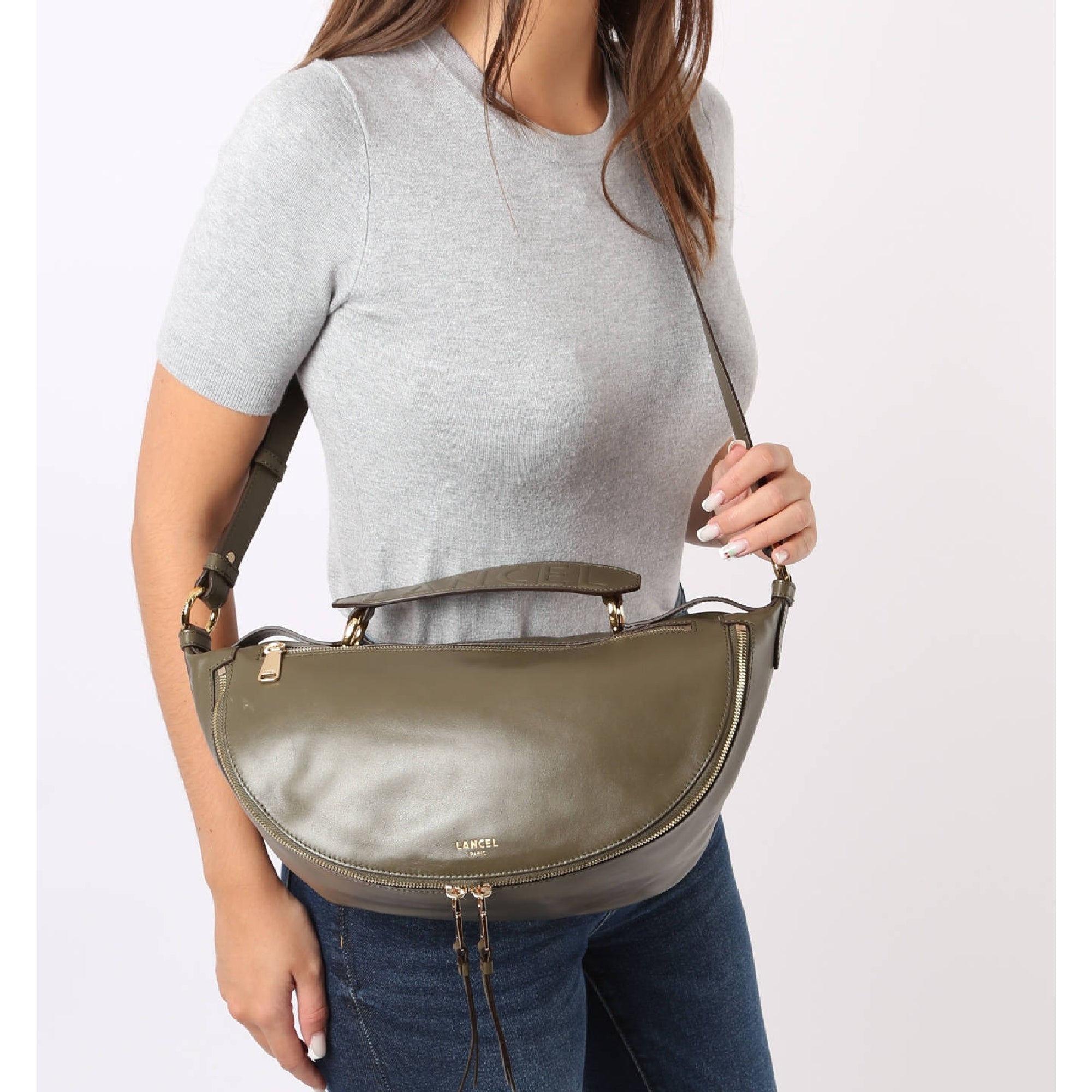 Sac porté croisé zippé M Origami en cuir lisse - Kaki foncé