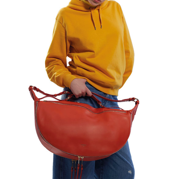 Sac porté épaule zippé Origami L en cuir lisse - Citrouille