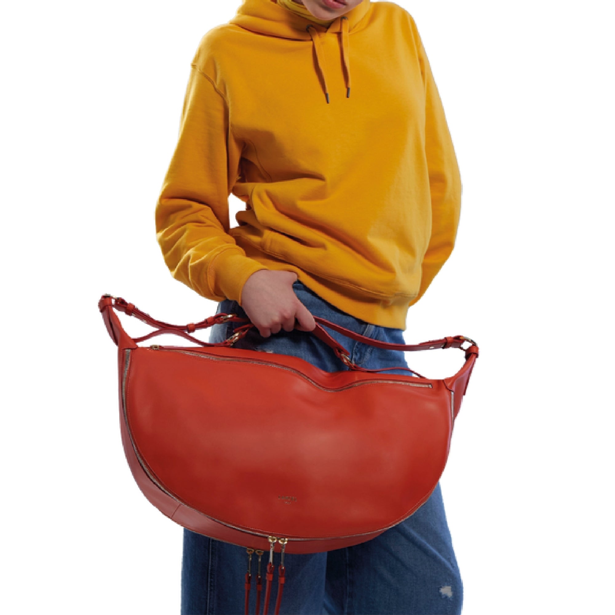 Sac porté épaule zippé L Origami en cuir lisse - Citrouille