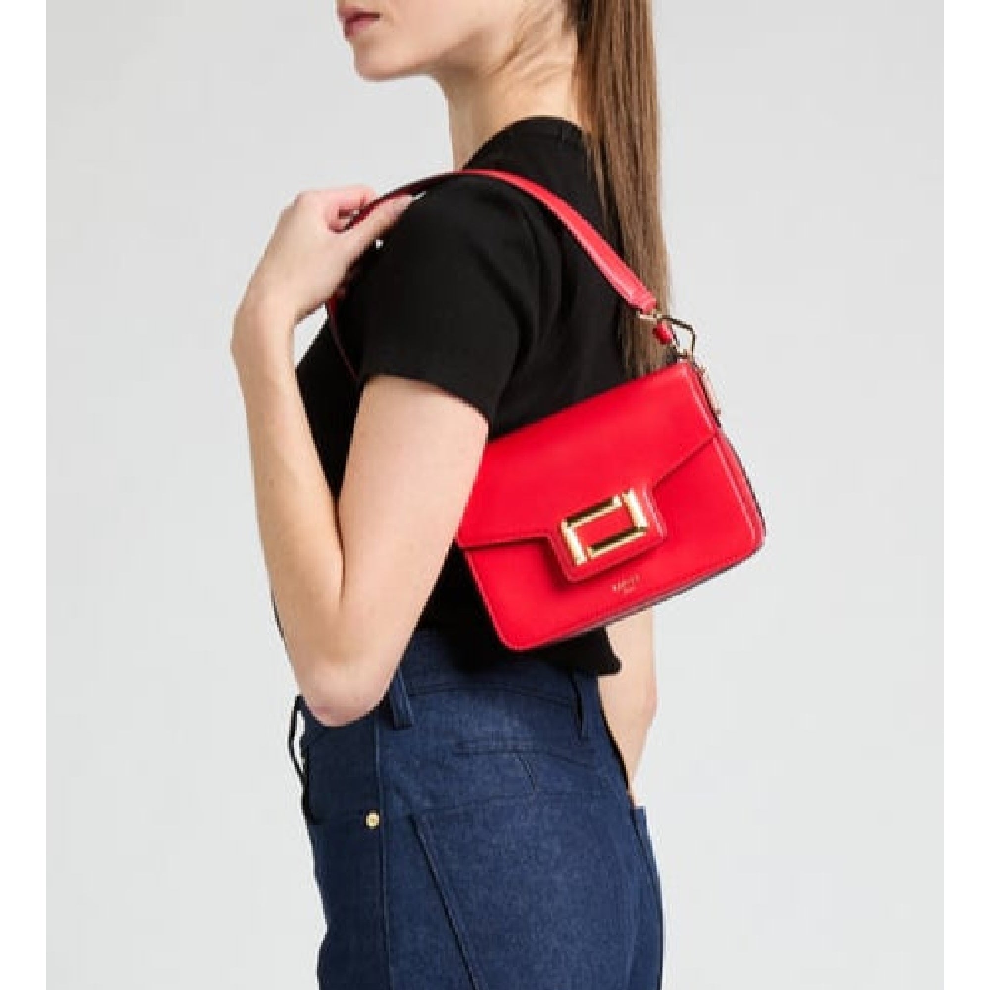 Sac rabat S Angèle en cuir lisse - Rouge Baiser