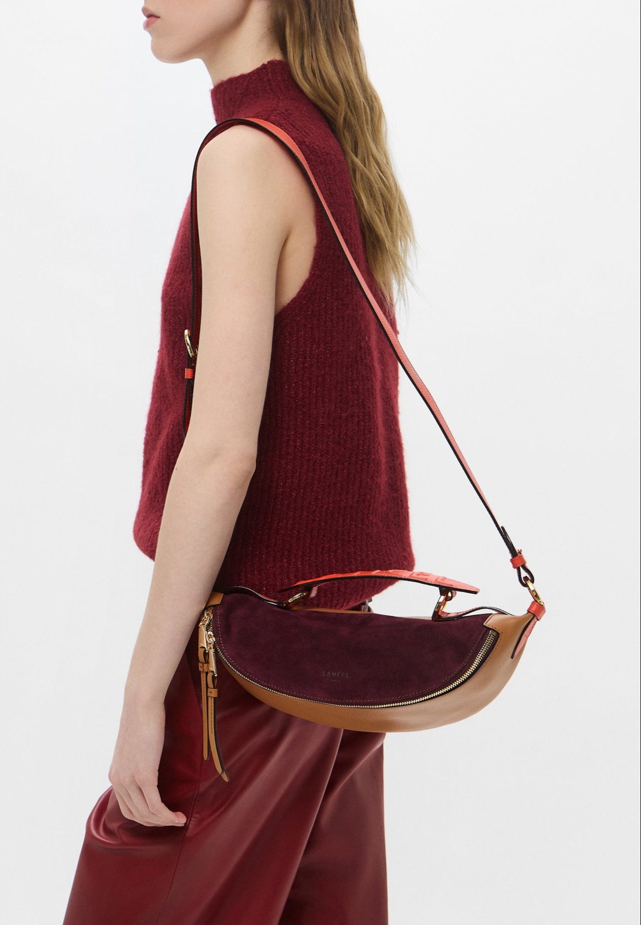 Sac porté croisé zippé Origami S en cuir lisse - Multico Cassis