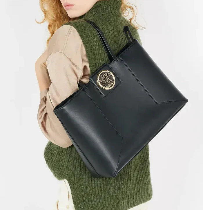 Sac cabas ew zippé Roxane en cuir lisse - Noir & Doré