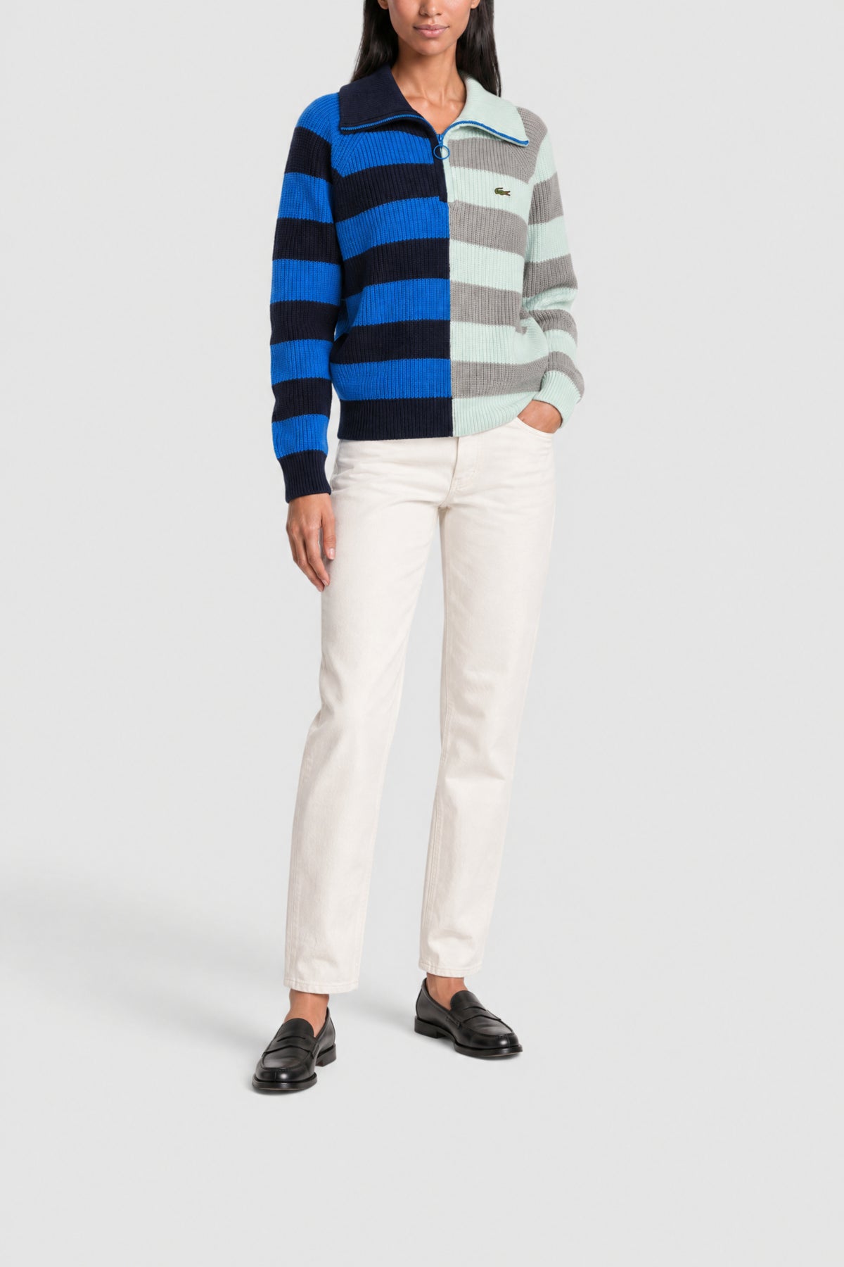 Pull à col zippé à rayures contrastées en laine - Argent Chiné & Marine