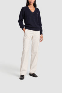 Pull à col V en laine - Marine