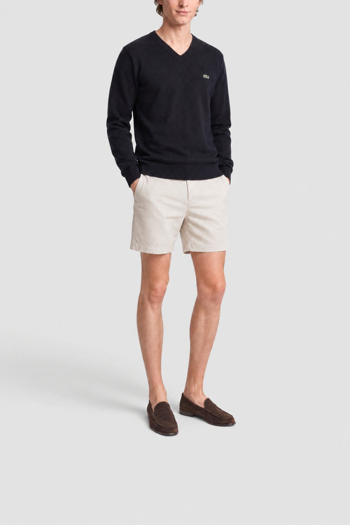 Pull à col V en laine - Marine