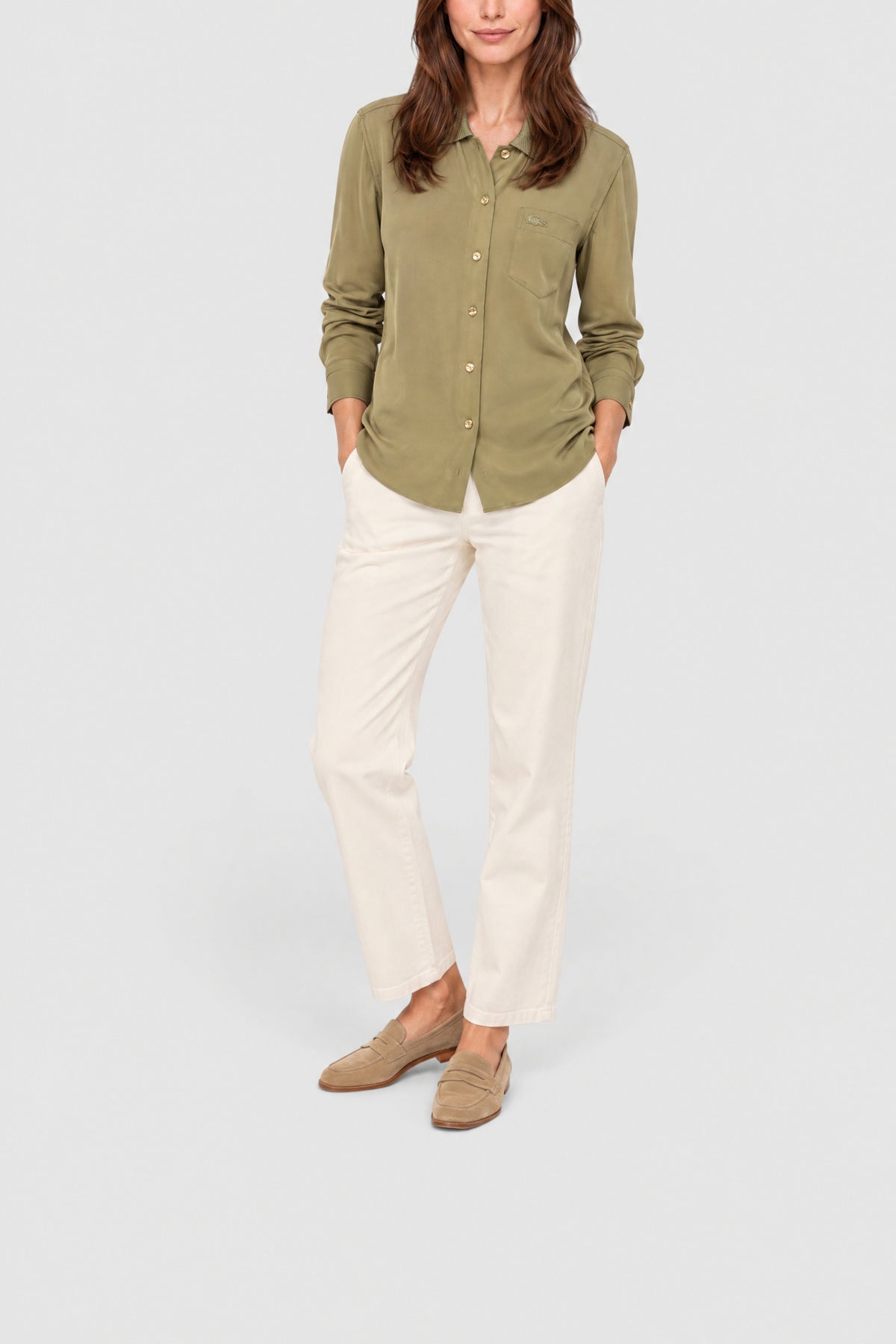 Chemise fluide ajustée à col côtelé - Kaki