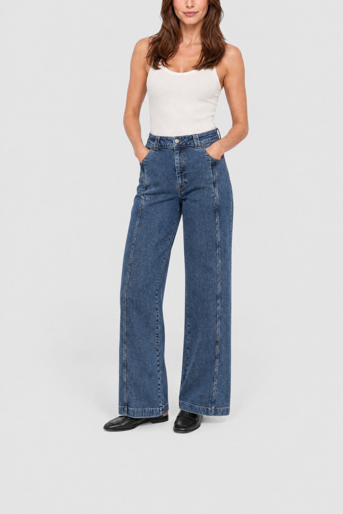 Pantalon large taille haute en denim - Medium Blue Used