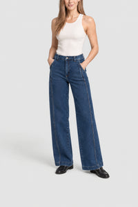 Pantalon large à taille haute en denim - Medium Blueee