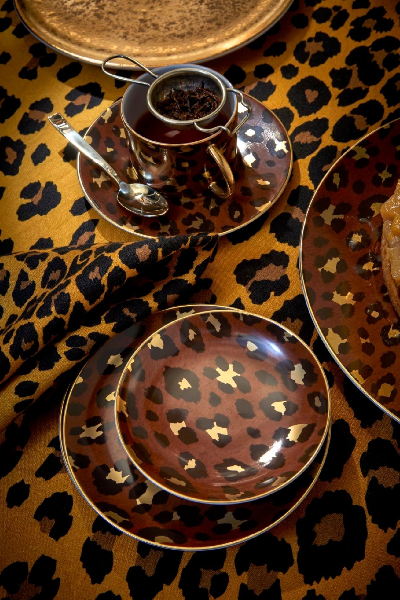 Coffret de 4 assiettes à canapé Léopard en porcelaine & or 24K - Marron & Or