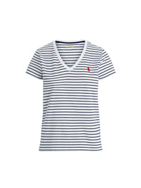 T-shirt rayé col en V en coton - White & Newport Navy