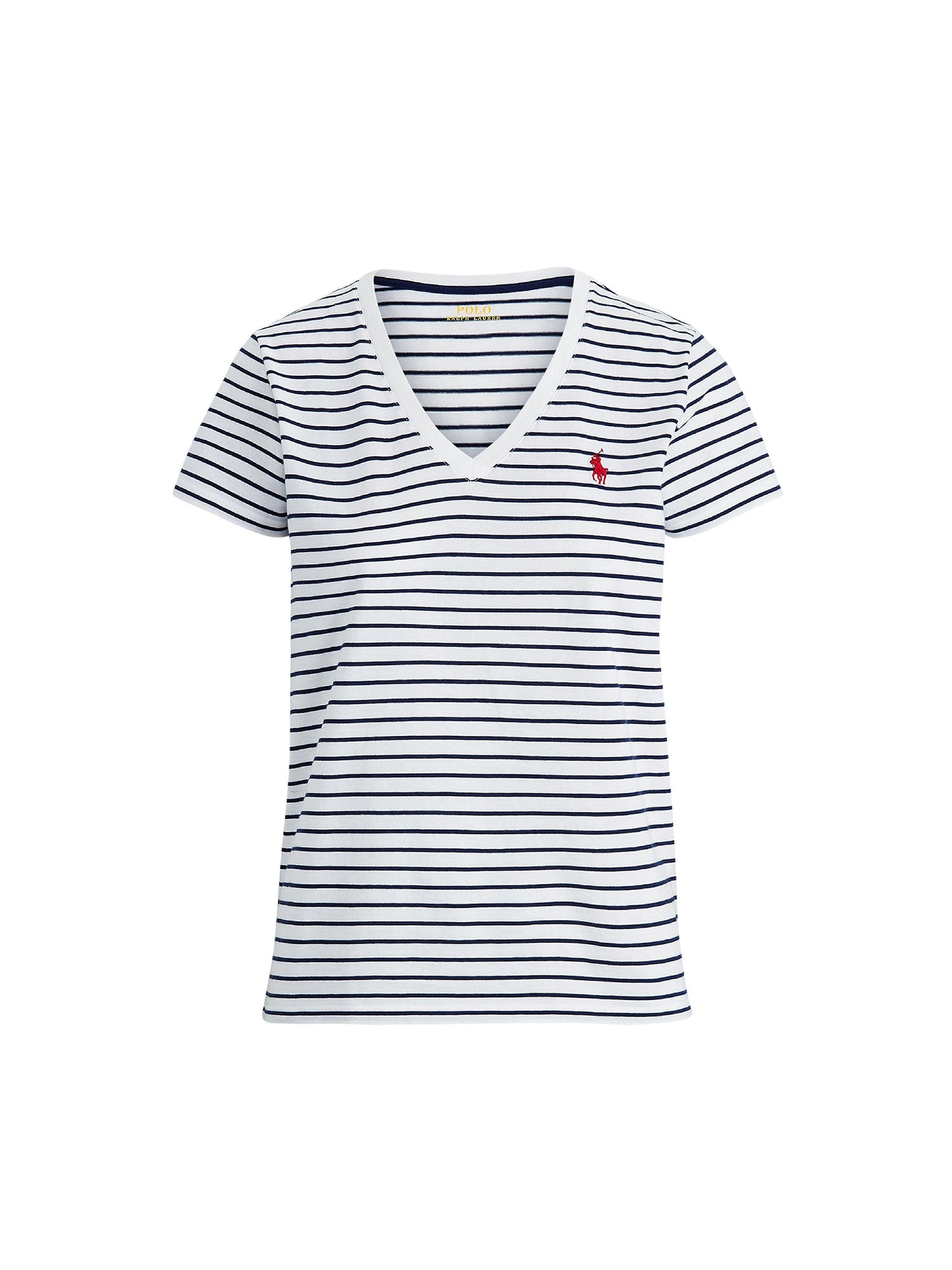 T-shirt rayé col en V en coton - White & Newport Navy