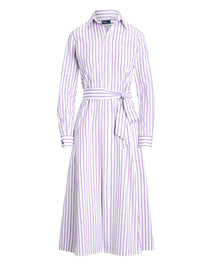 Belted cotton striped shirt-dress - White & Purple