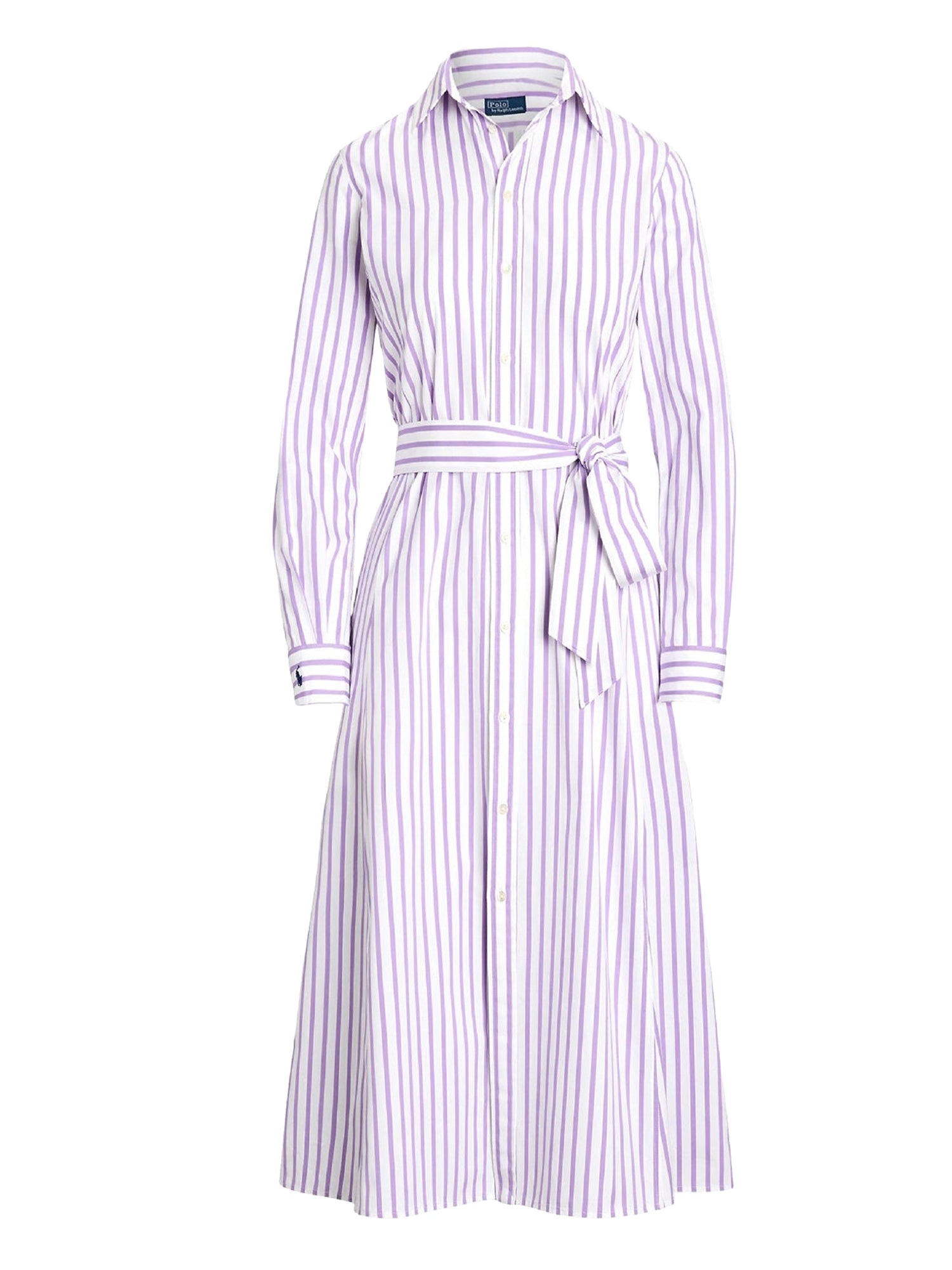Belted cotton striped shirt-dress - White & Purple