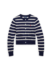 Cardigan rayé à col rond en coton - Navy, White & Multicolore