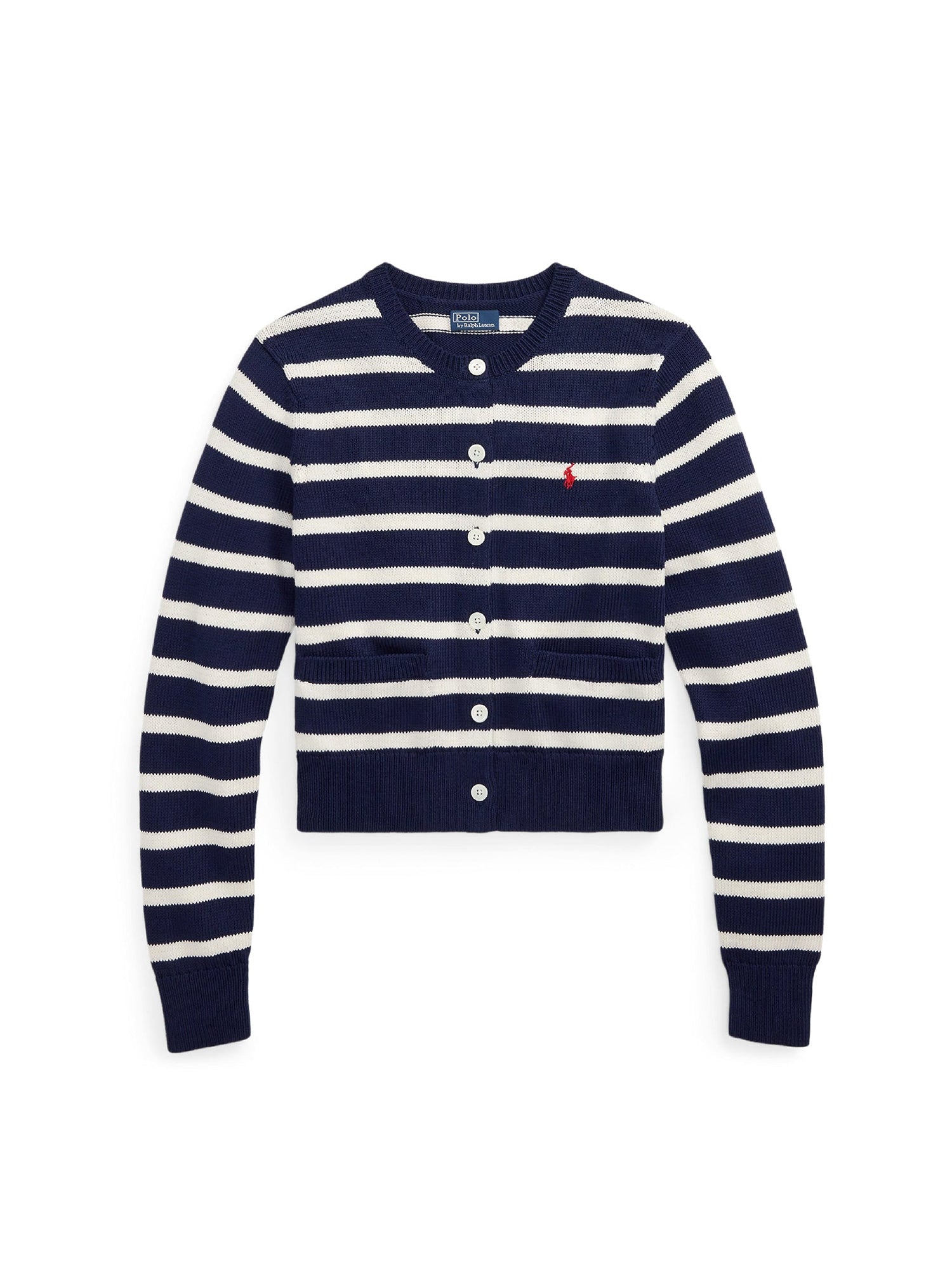Cardigan rayé à col rond en coton - Navy, White & Multicolore