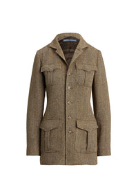 Linen and silk blend herringbone mock neck jacket - Brown & Cream Herringbone