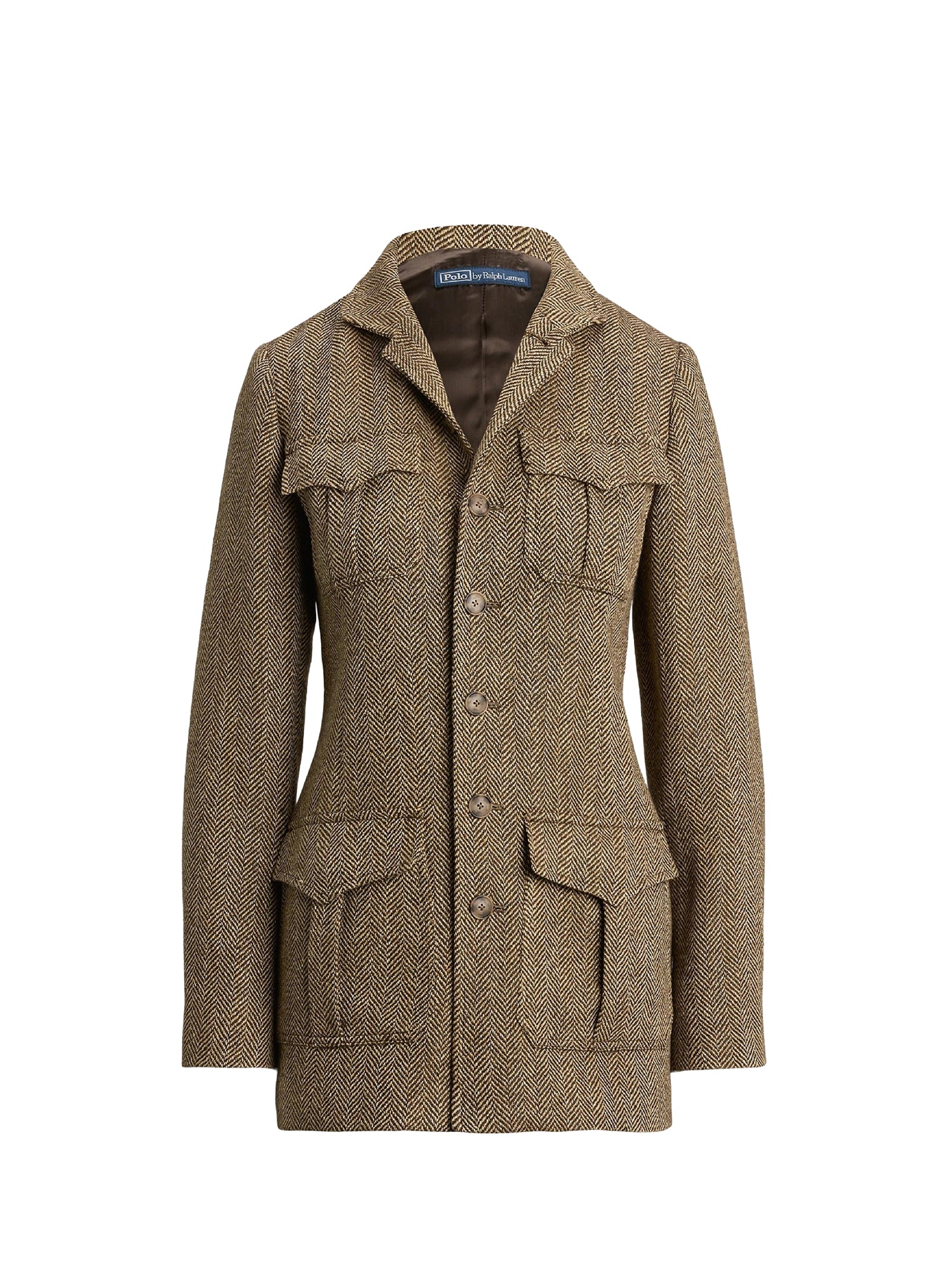 Linen and silk blend herringbone mock neck jacket - Brown & Cream Herringbone