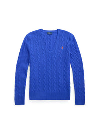 Pull col en V torsadé en laine et cachemire mélangé - Lapis Blue