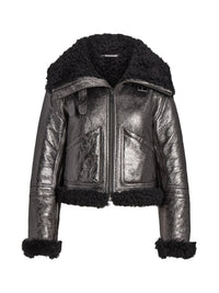 Veste motard Etienette à fermetures zippées en cuir - Gunmetal & Black