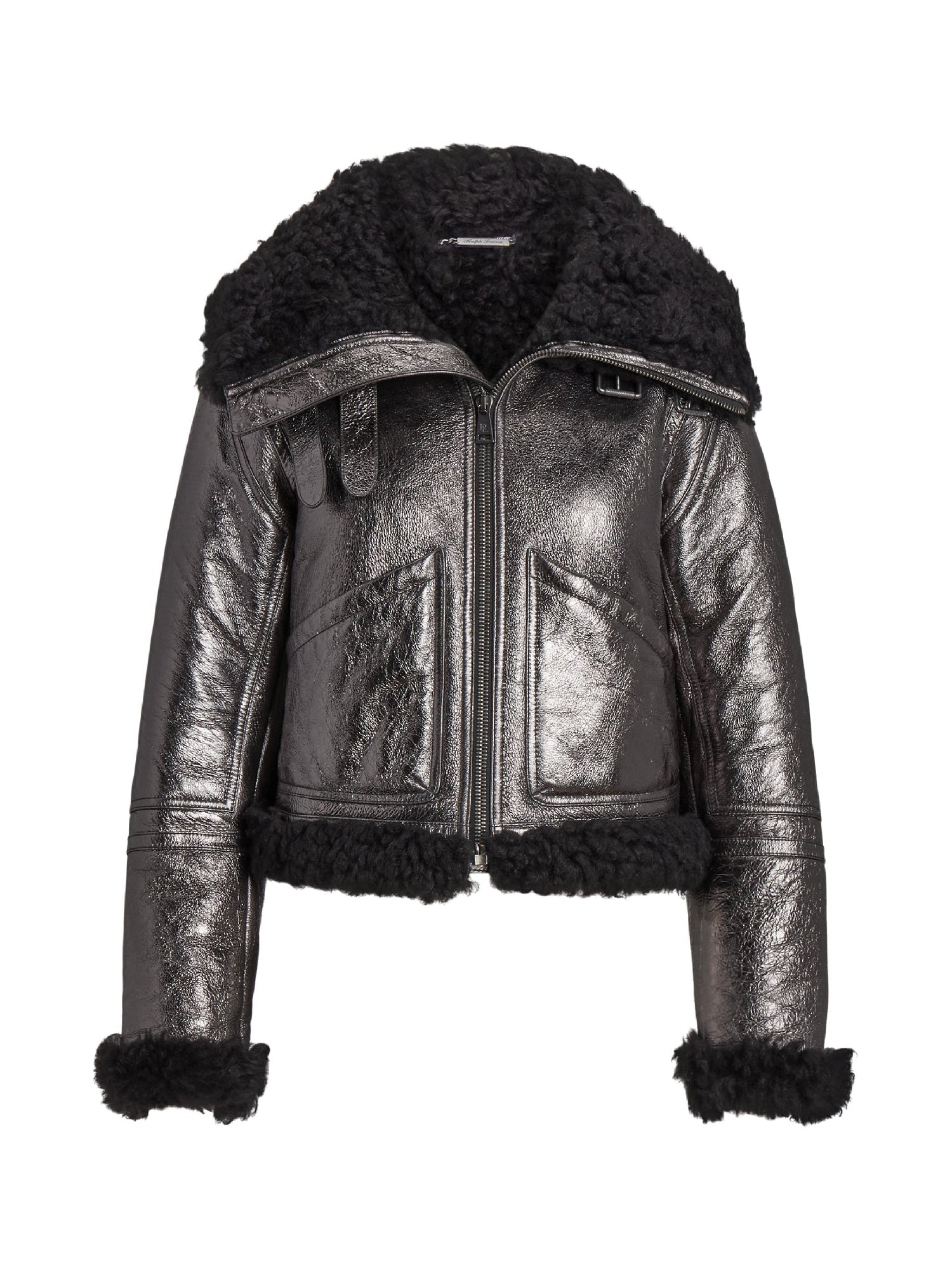 Veste motard Etienette à fermetures zippées en cuir - Gunmetal & Black