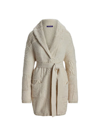 Wool cashmere blend patchwork cardigan with shawl collar - Classic Cream