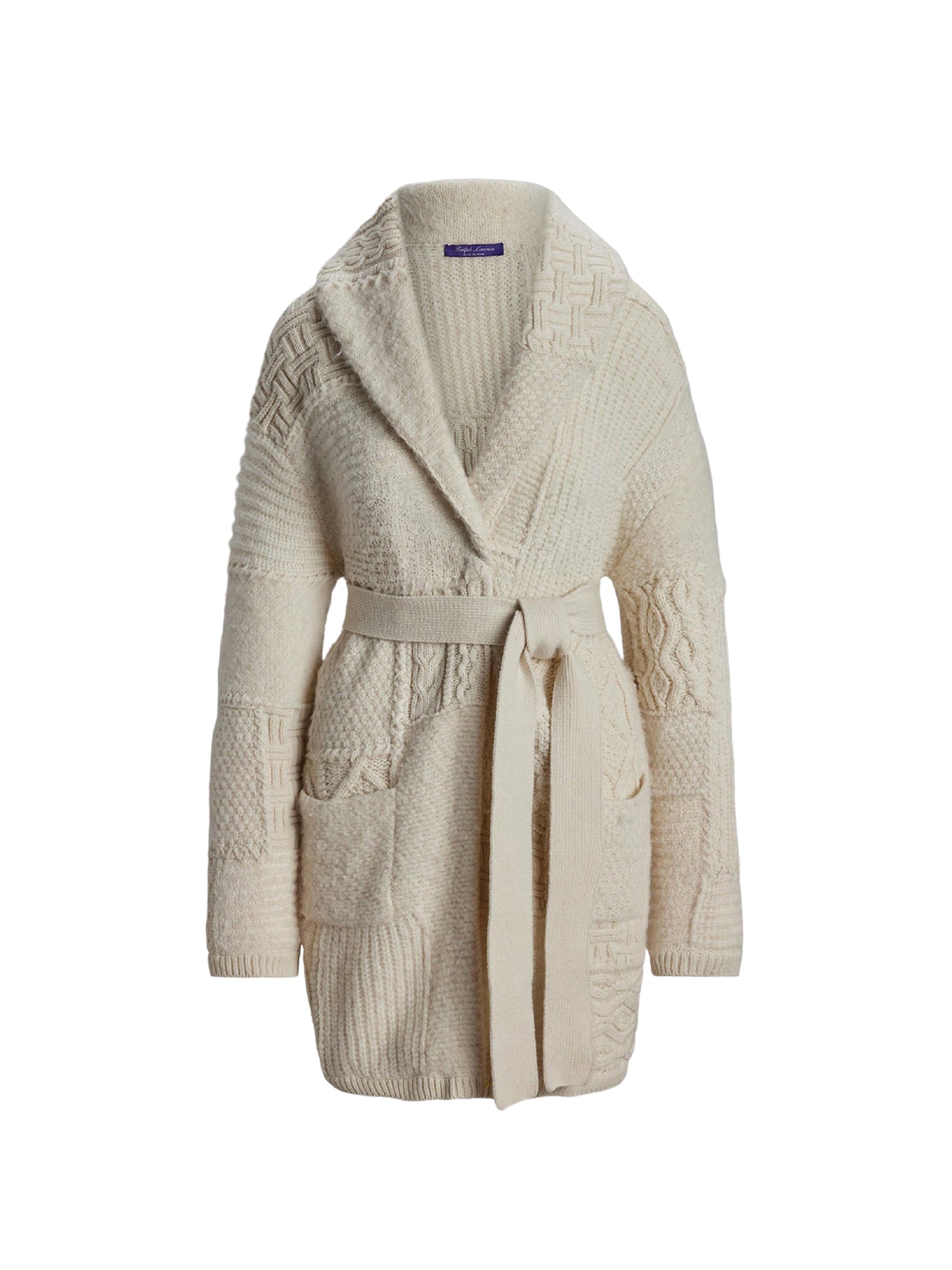 Wool cashmere blend patchwork cardigan with shawl collar - Classic Cream