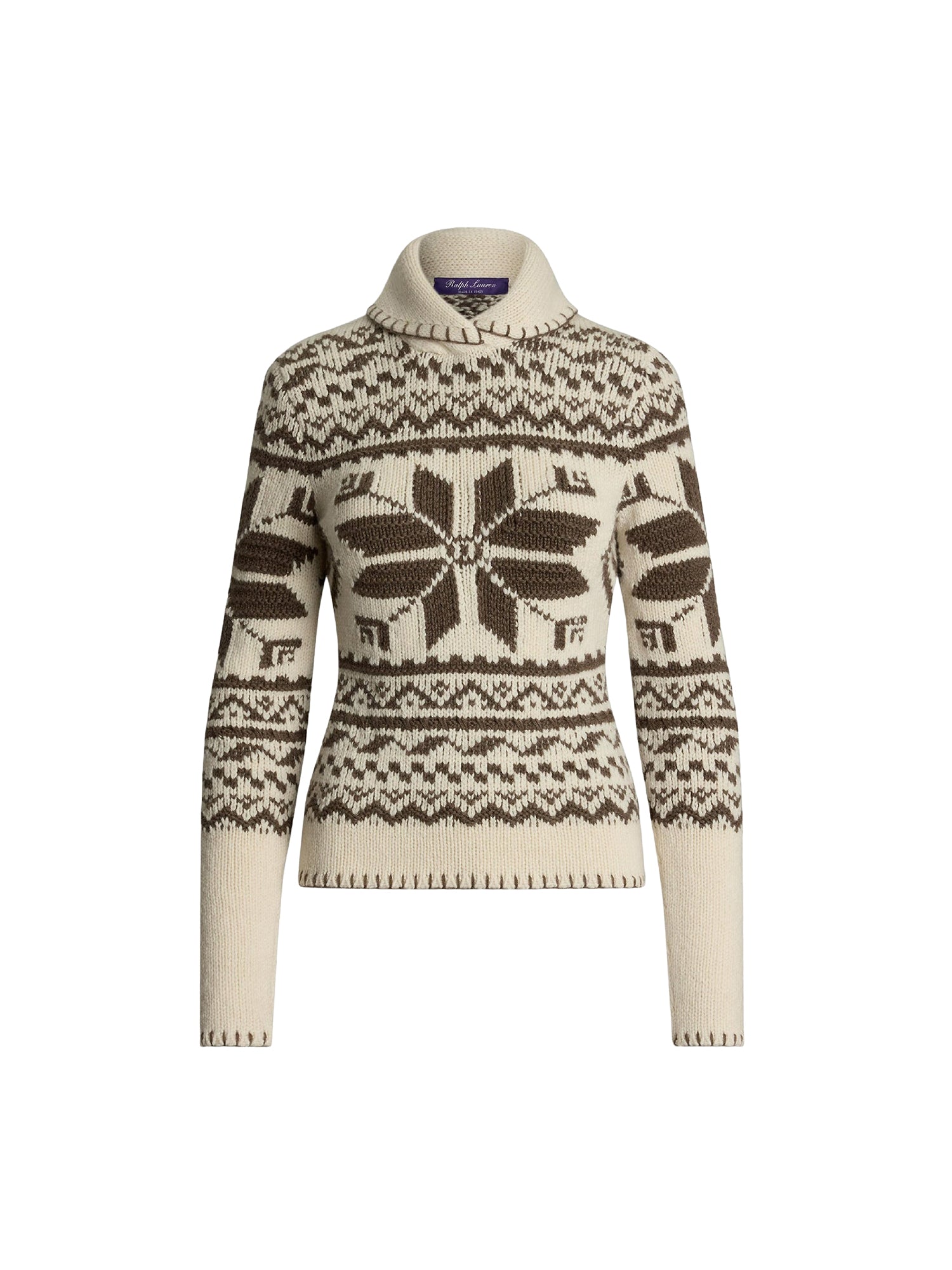 Pull col châle tricoté main en cachemire - Classic Cream & Taupe