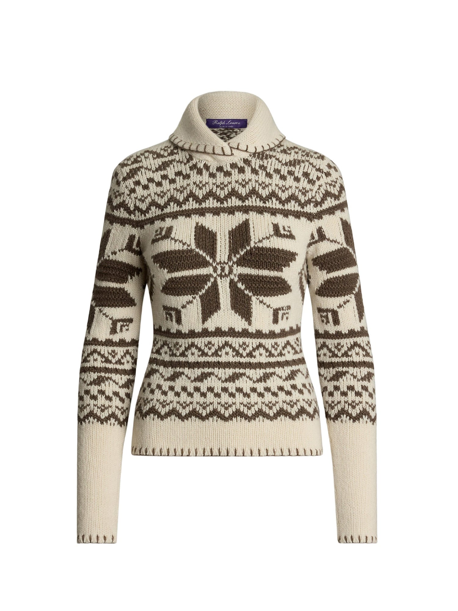 Pull col châle tricoté main en cachemire - Classic Cream & Taupe